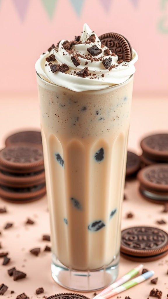 A delicious Oreo milkshake topped with whipped cream and crushed Oreos, served in a stylish glass.